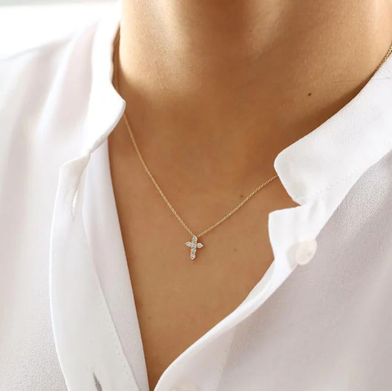 10K Gold Tiny Diamond Cross Pendant Necklace-2
