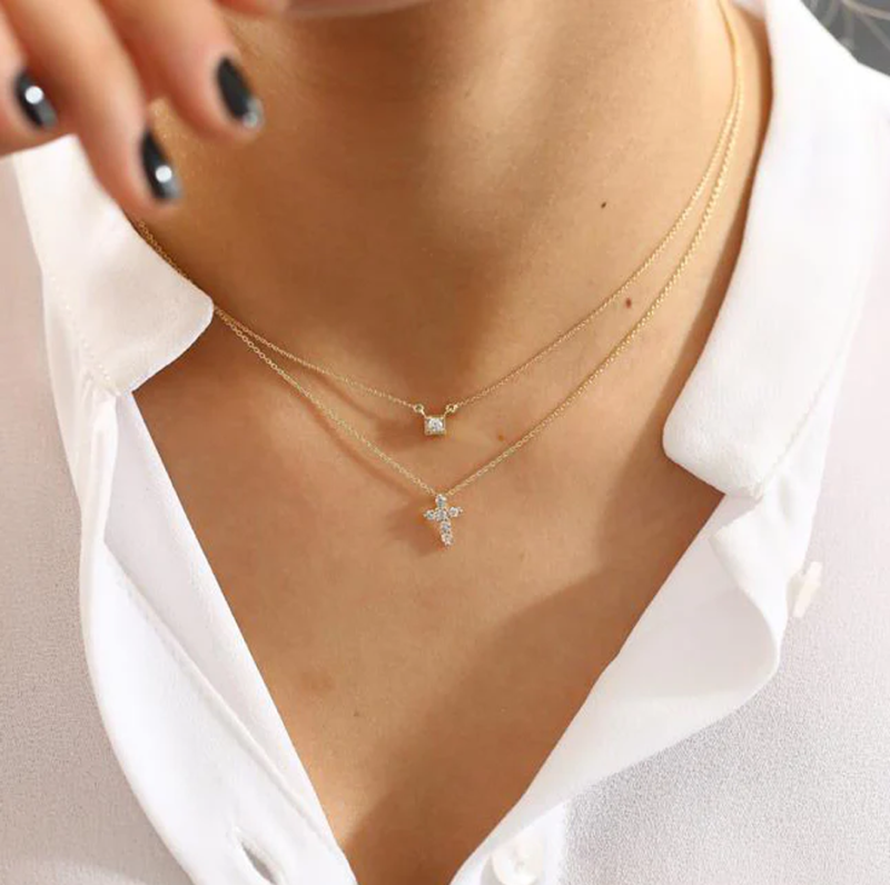 10K Gold Tiny Diamond Cross Pendant Necklace-3