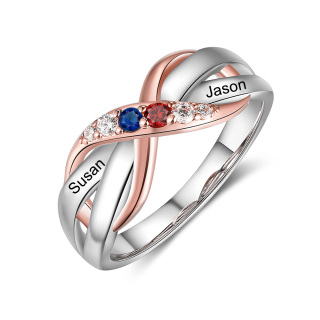 10K Gold Two-tone Round Zircon Personalized Birthstone Name Infinity Symbol Ring-16