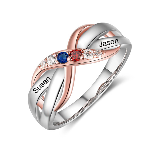 10K Gold Two-tone Round Zircon Personalized Birthstone Name Infinity Symbol Ring