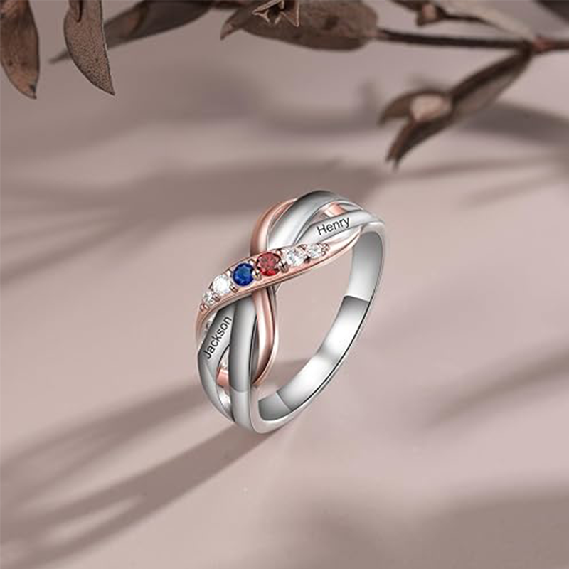 10K Gold Two-tone Round Zircon Personalized Birthstone Name Infinity Symbol Ring-3