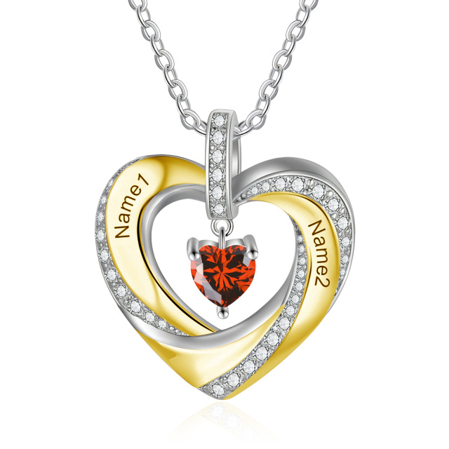 Collier pendentif coeur personnalisé avec pierre de naissance et nom en or 10 carats et zircone cubique bicolore-1