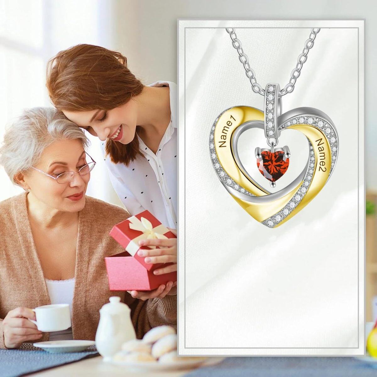 Collana con ciondolo a forma di cuore con nome e pietra portafortuna personalizzata in oro 10K, zirconi cubici bicolore-3