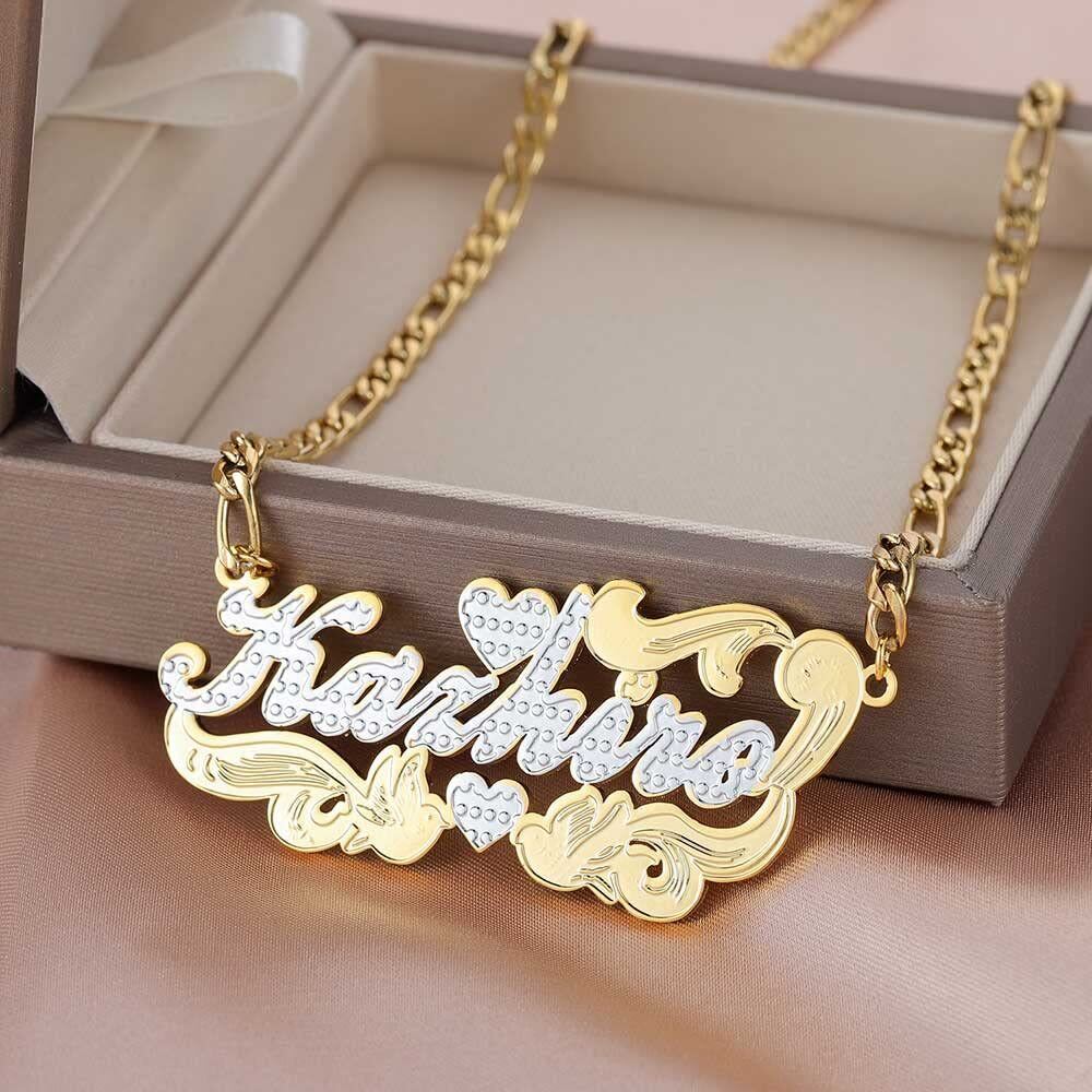 Collar con colgante de nombre clásico personalizado en dos tonos de oro de 10 quilates-2