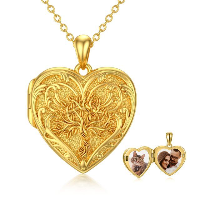 10K Oro Árbol de la Vida Corazón Personalizado Grabado Foto Locket Collar