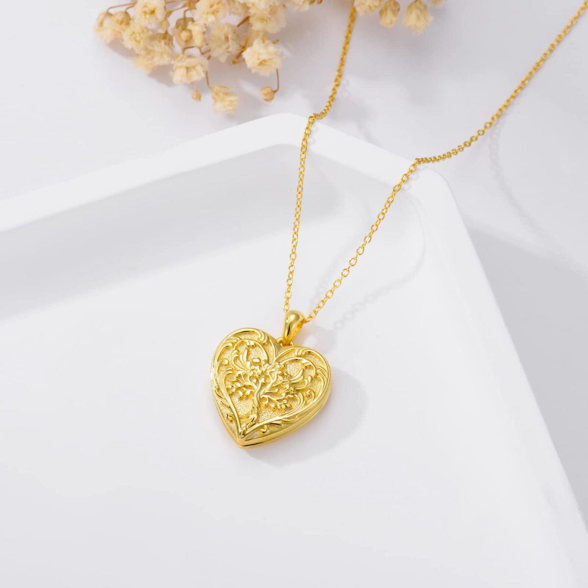 10K Oro Árbol de la Vida Corazón Personalizado Grabado Foto Locket Collar-4