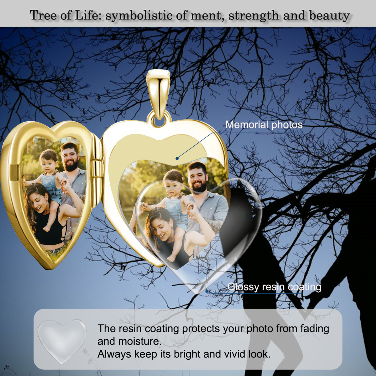 10K Oro Árbol de la Vida Corazón Personalizado Grabado Foto Locket Collar-6