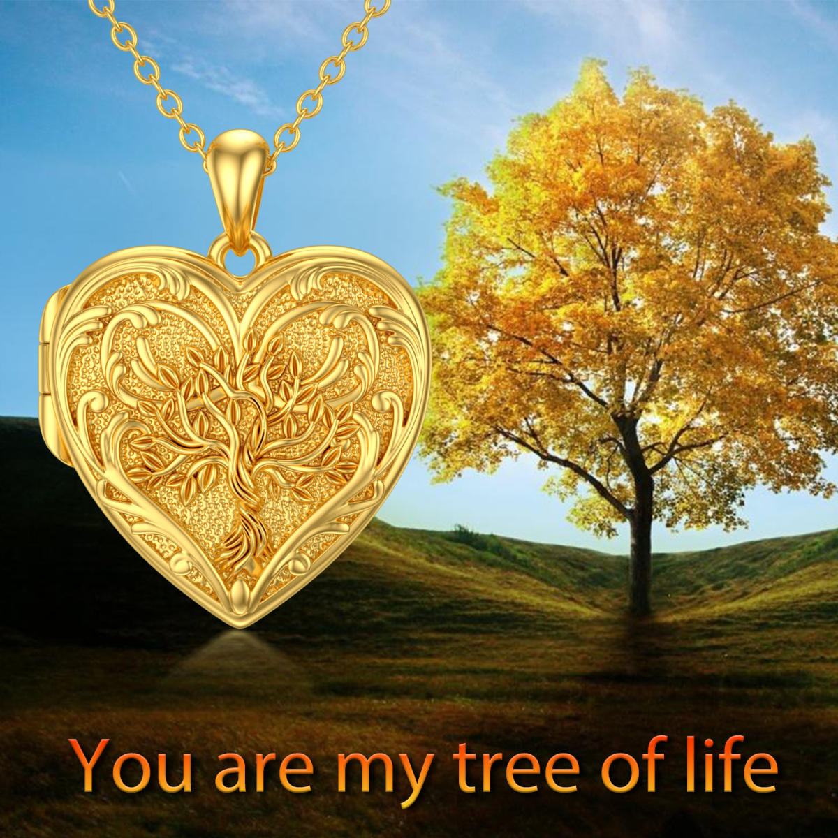 10K Oro Árbol de la Vida Corazón Personalizado Grabado Foto Locket Collar-8