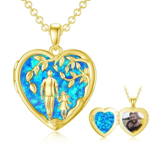 10 Karat Gelbgold-Opal-Lebensbaum mit Vater und Tochter, personalisierte Foto-Medaillon-Halskette für Frauen