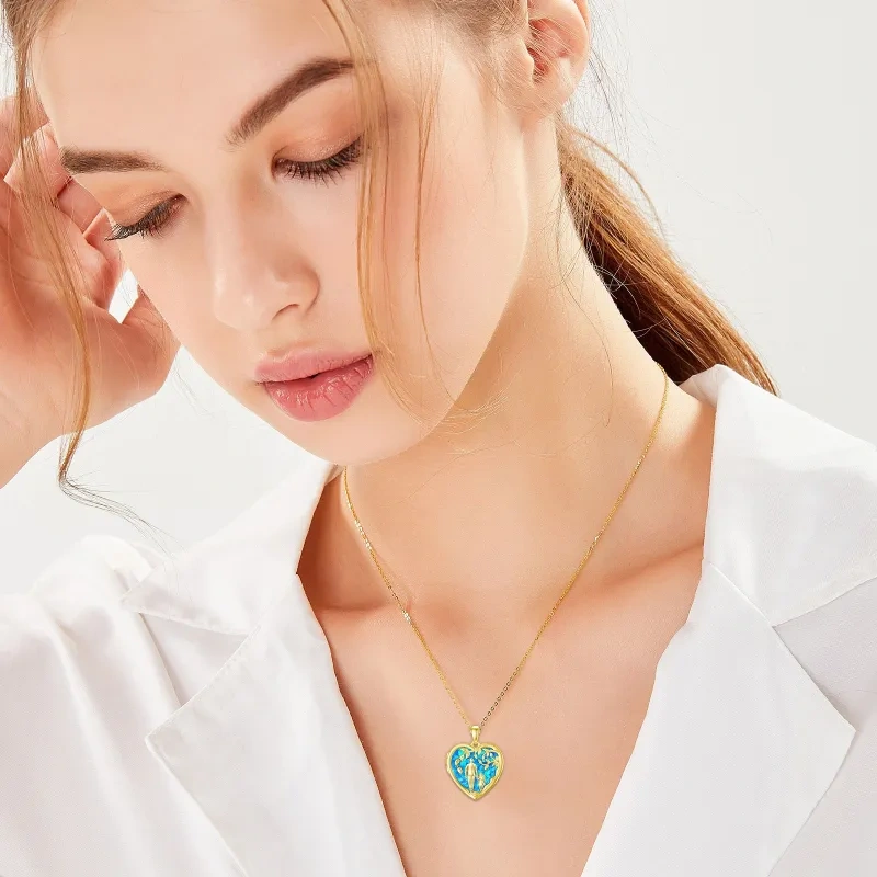 Naszyjnik z medalionem z opalem i drzewem życia z żółtego złota 14K ze zdjęciem ojca i córki dla kobiet-2