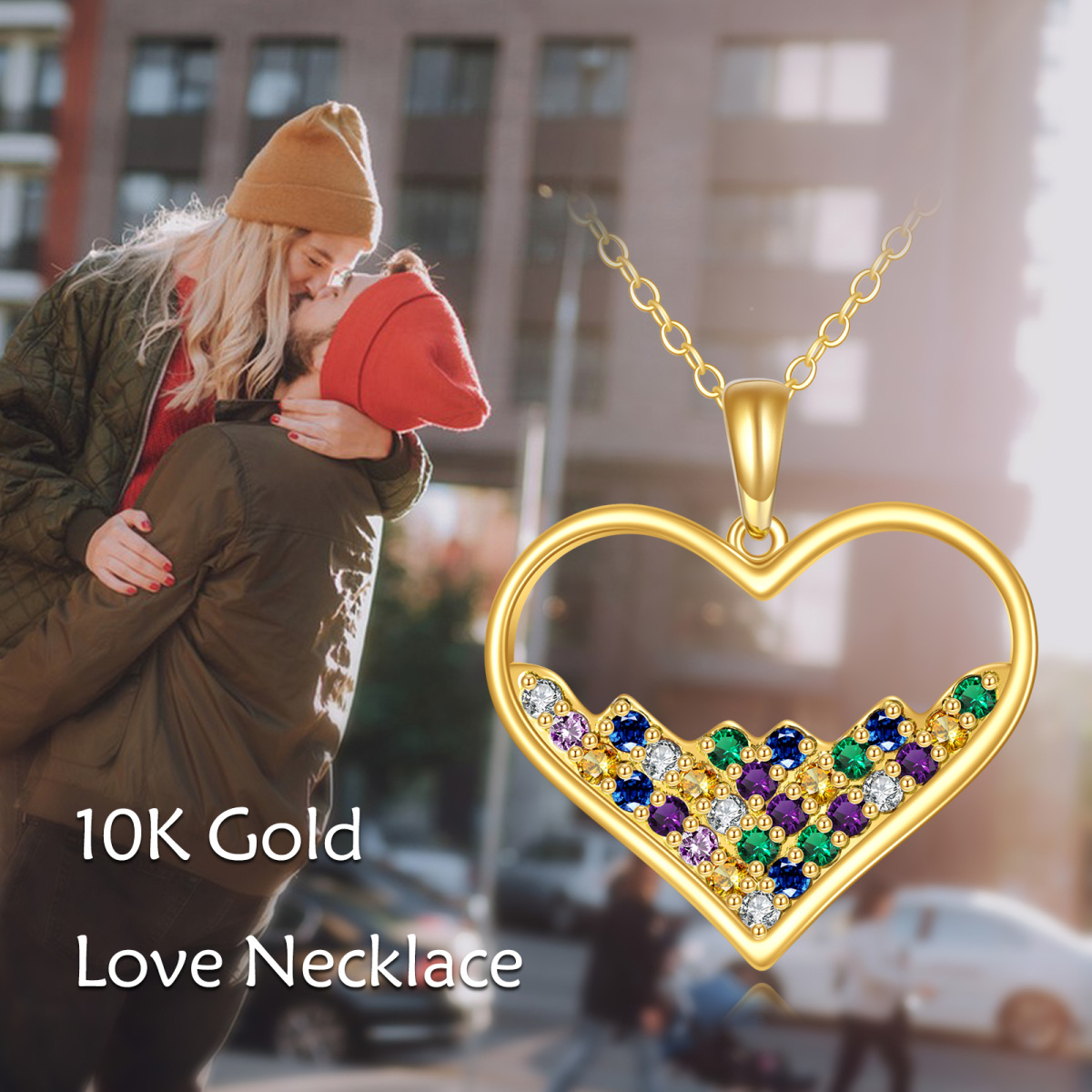 Collar con colgante de corazón de circonita cúbica tricolor en oro de 10 quilates-6