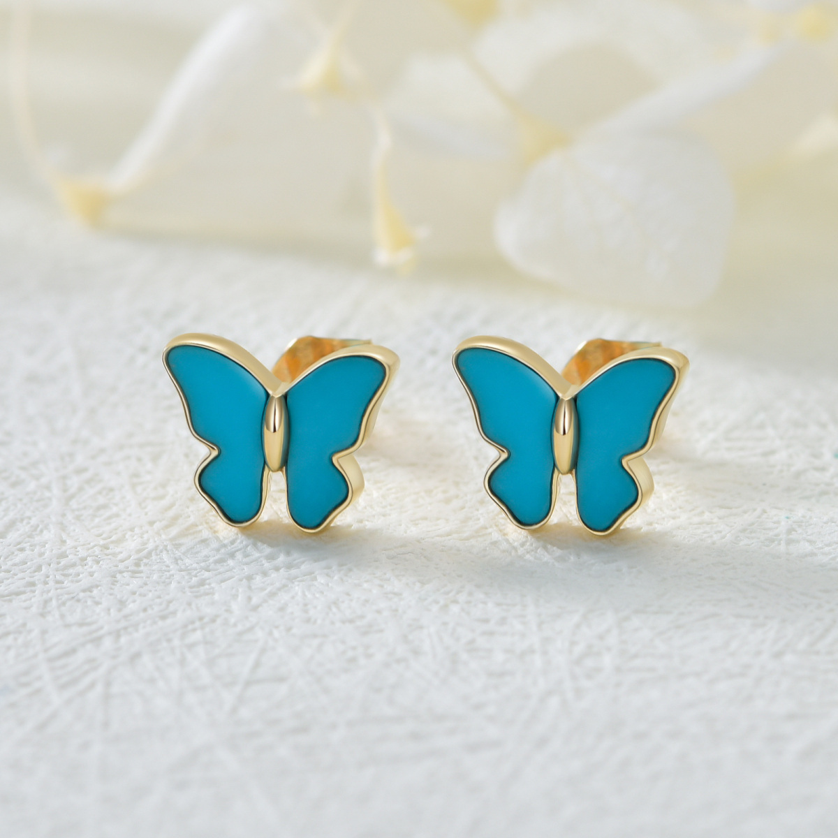 10K Gold Turquoise Butterfly Stud Earrings-3