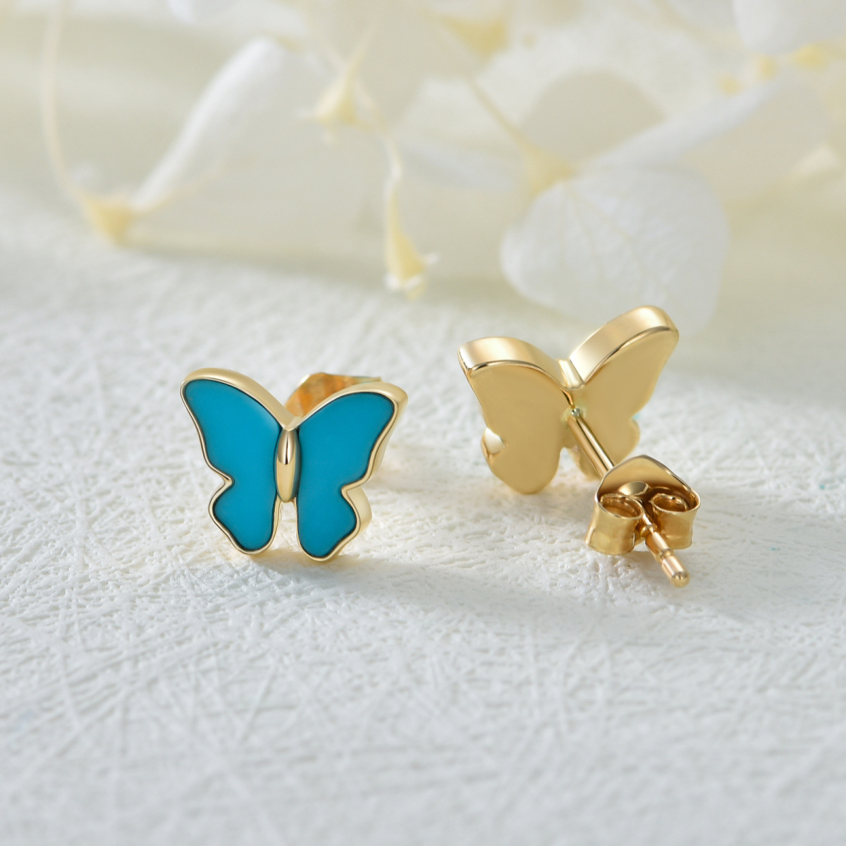 10K Gold Turquoise Butterfly Stud Earrings-4