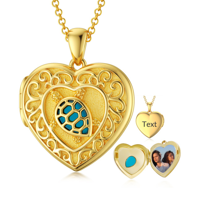 Collana con medaglione fotografico in oro 10K con incisione personalizzata sul cuore in turchese-1