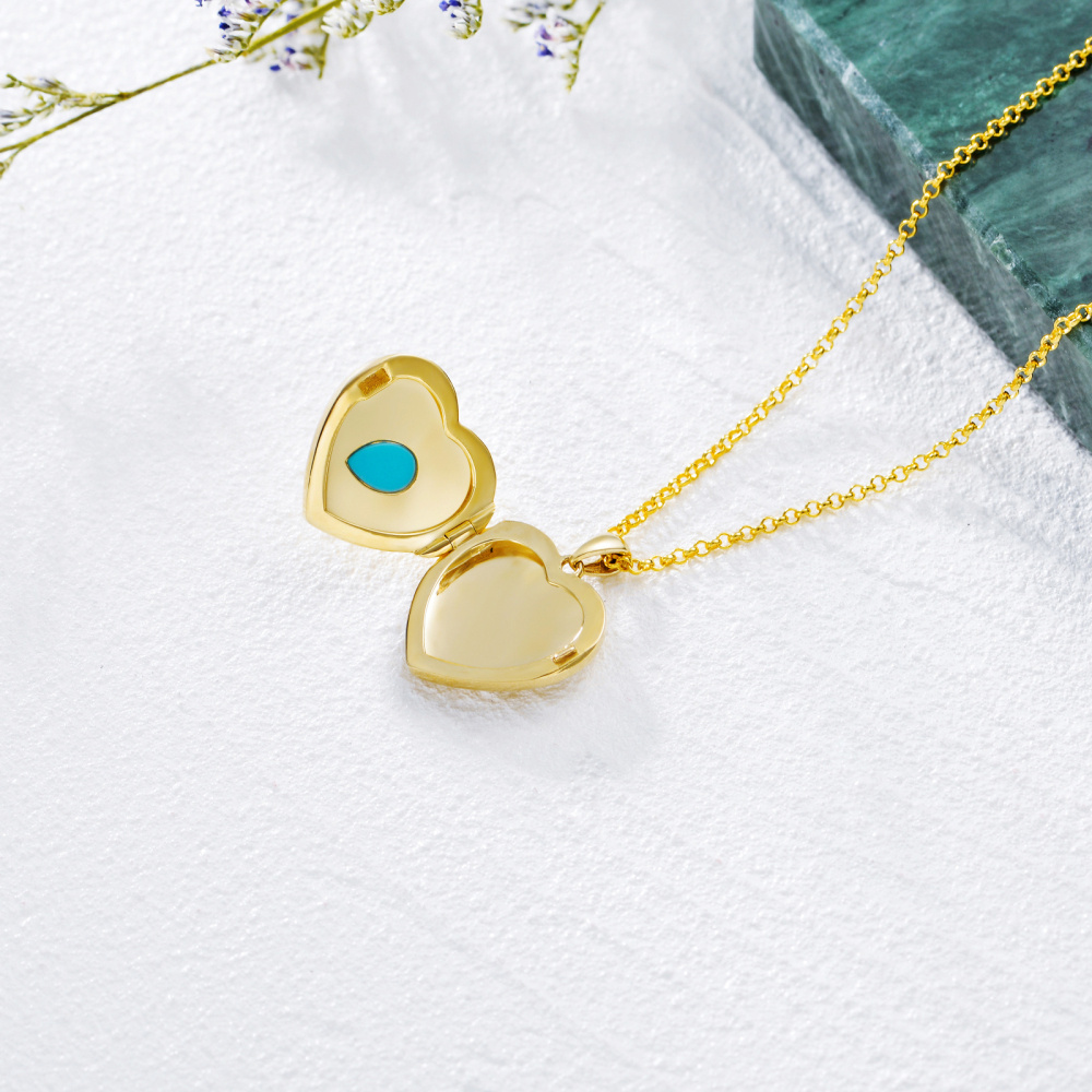 Collar con medallón fotográfico personalizado con foto de corazón turquesa en oro de 10 quilates-4