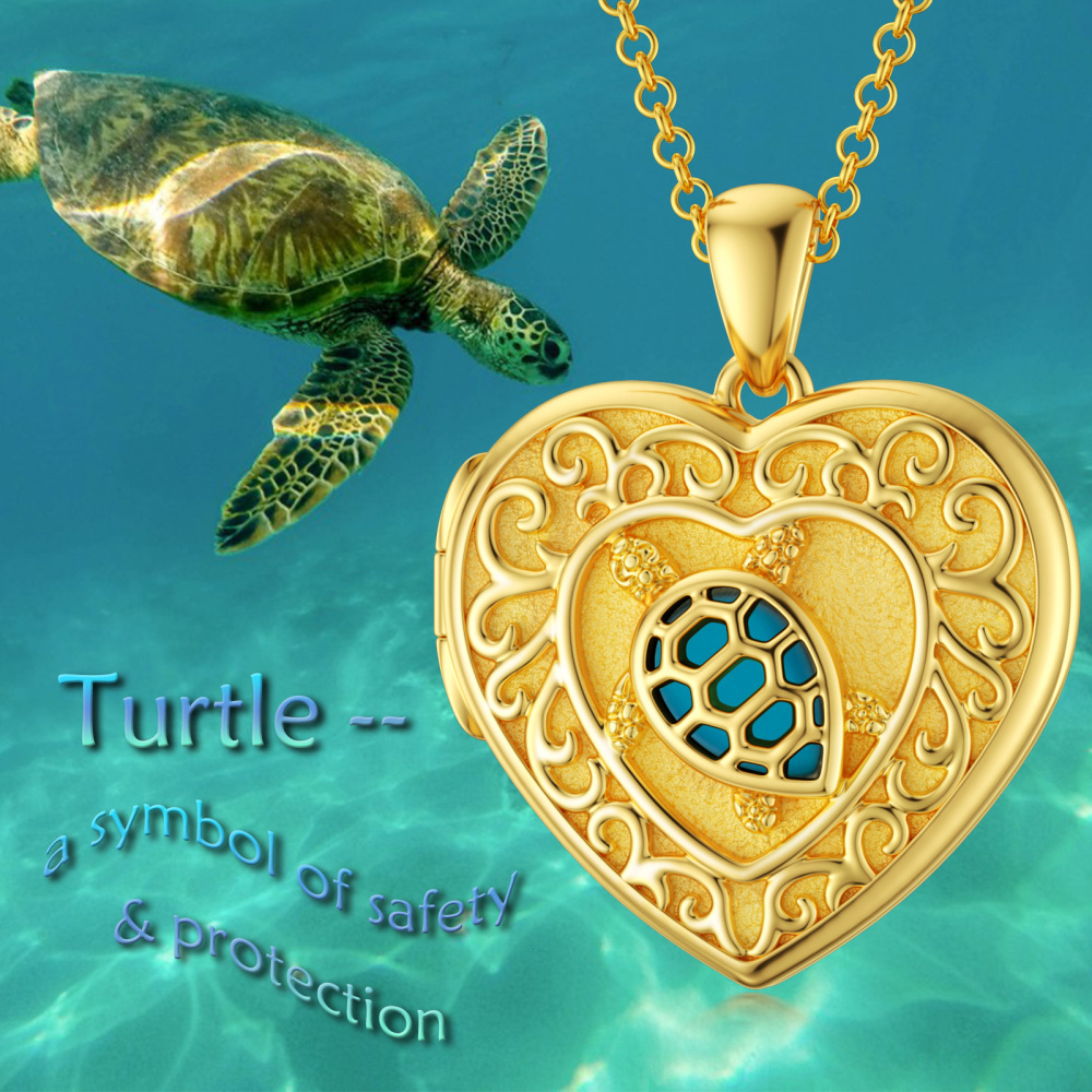 Collar con medallón fotográfico personalizado con corazón turquesa en oro de 10 quilates-6