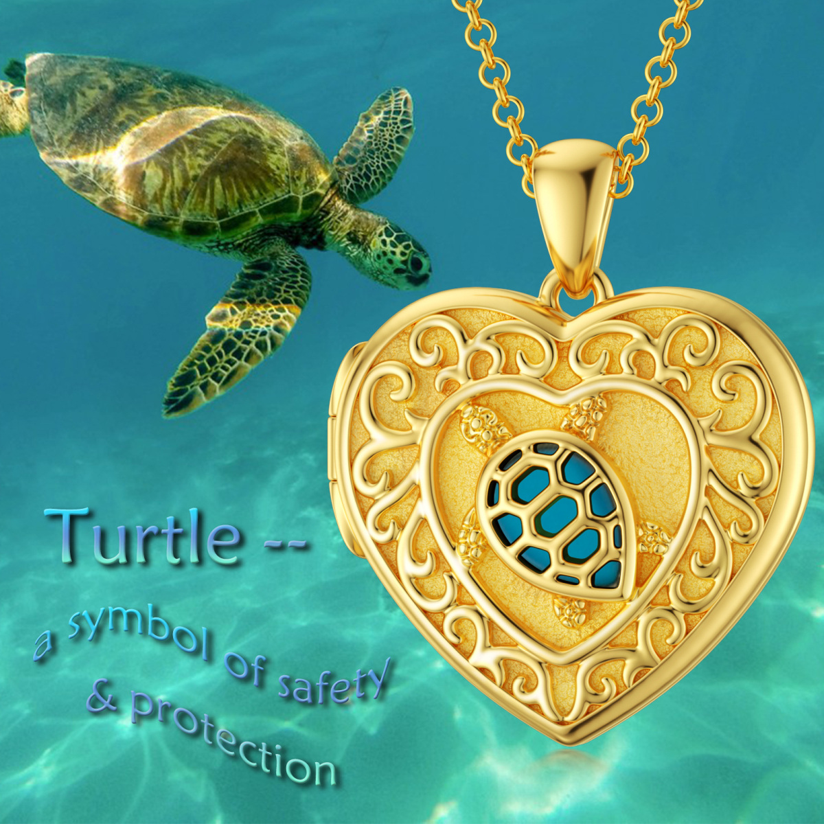 10K Gold Turquoise Heart Personalized Engraving Photo Locket Necklace-7