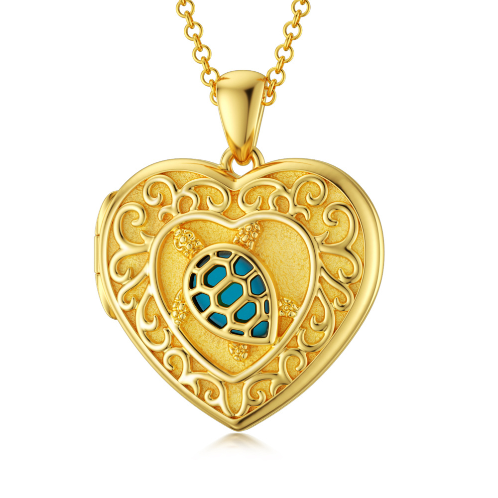 Collar con medallón fotográfico personalizado con corazón turquesa en oro de 10 quilates-1