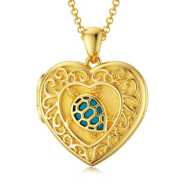 10K Gold Turquoise Heart Personalized Photo Locket Necklace-1