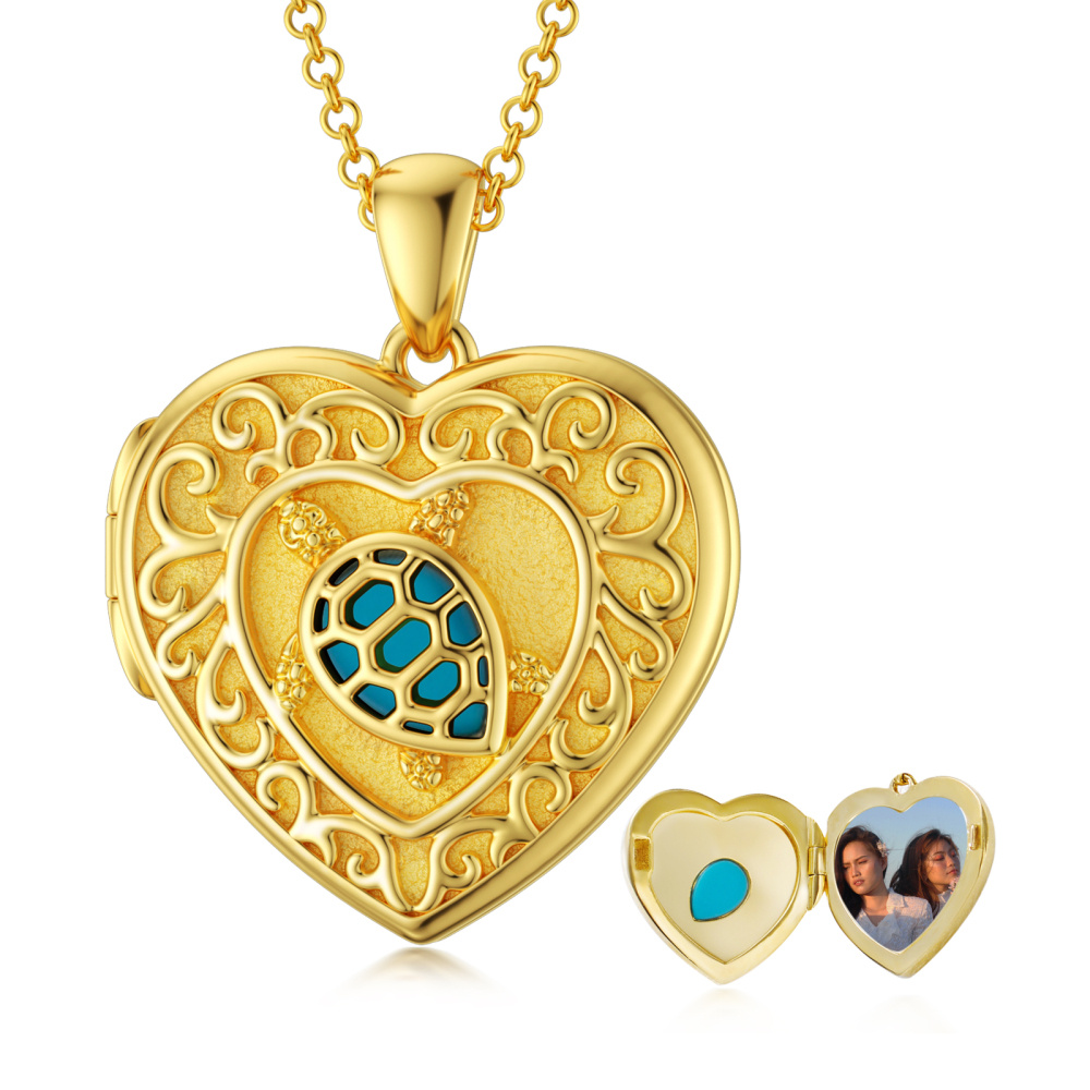 Collar con medallón fotográfico personalizado con foto de corazón turquesa en oro de 10 quilates-1