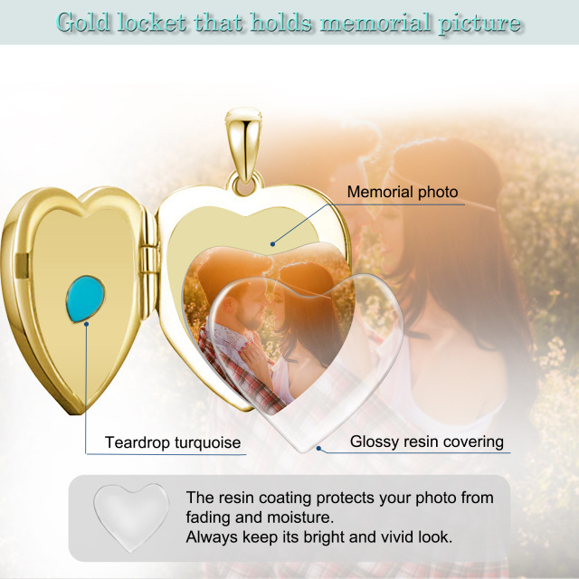 10K Gold Turquoise Personalized Photo & Heart Personalized Photo Locket Necklace-3