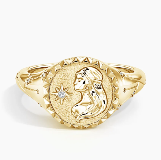 14K Gold Virgo Zodiac 0.02 CT.T.W. Round Natrual Diamond Signet Band