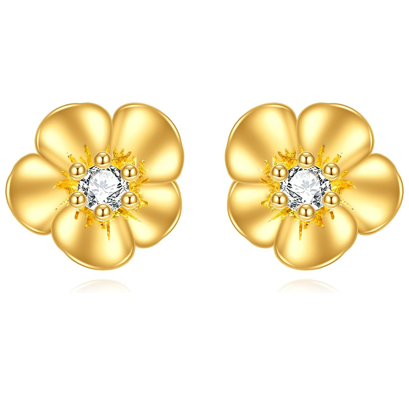 Boucles d'oreilles puces en or 10 carats et zirconiums cubiques, motif fleurs sauvages, pour femmes-1