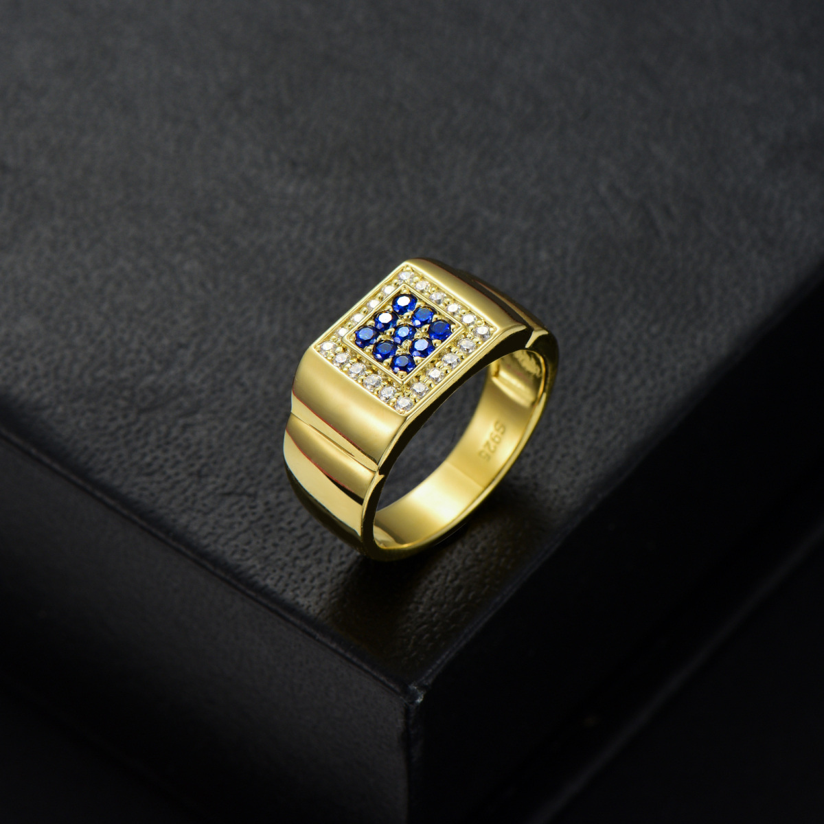 10K Gold Square Personalized Pave-Set Blue Sapphire Ring For Men Custom Band For Boyfriend-3