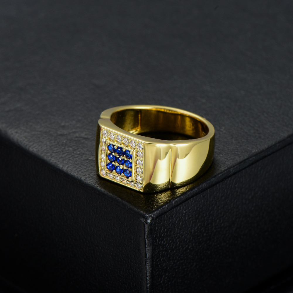 10K White Gold Square Personalized Pave-Set Blue Sapphire Ring For Men Custom Band For Boyfriend-4