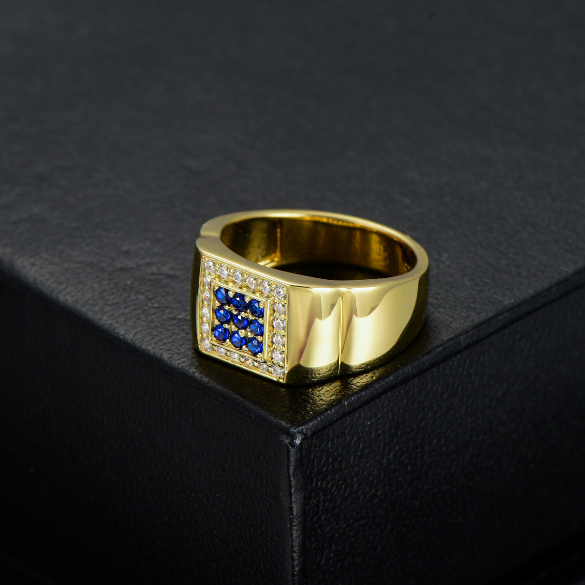 10K Gold Square Personalized Pave-Set Blue Sapphire Ring For Men Custom Band For Boyfriend-4