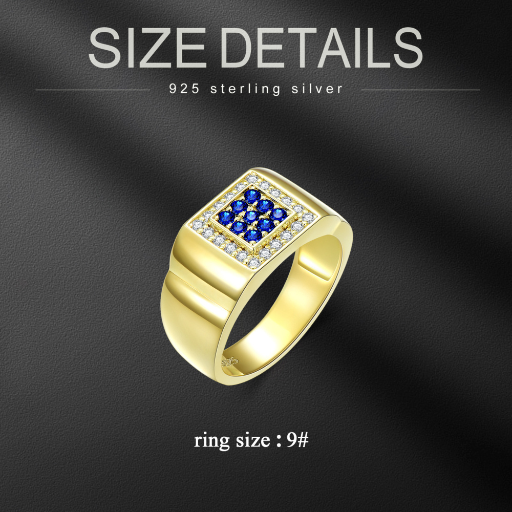 10K White Gold Square Personalized Pave-Set Blue Sapphire Ring For Men Custom Band For Boyfriend-5