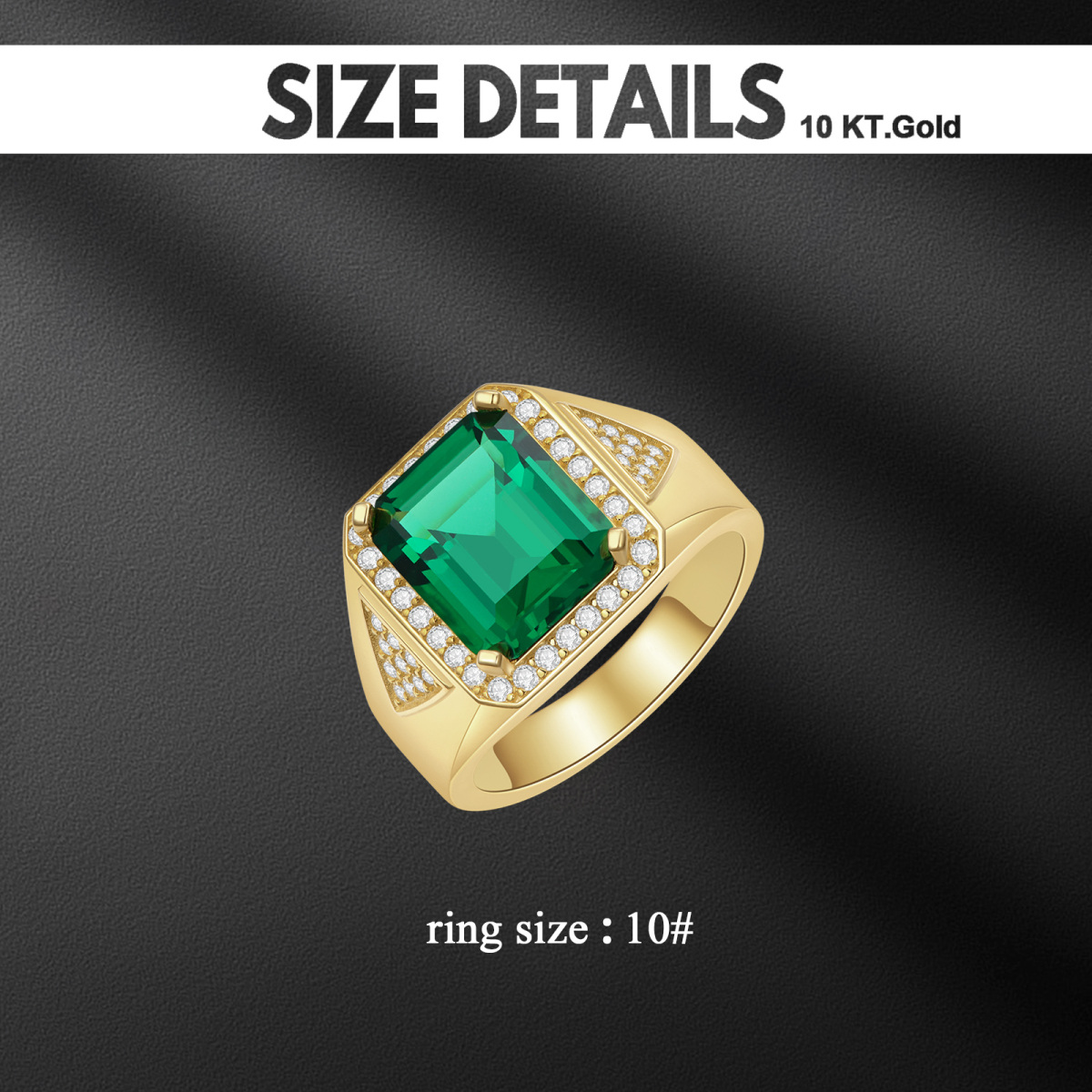 10K Gold Cubic Zircon Square Green Gemstone Ring For Unisex-4