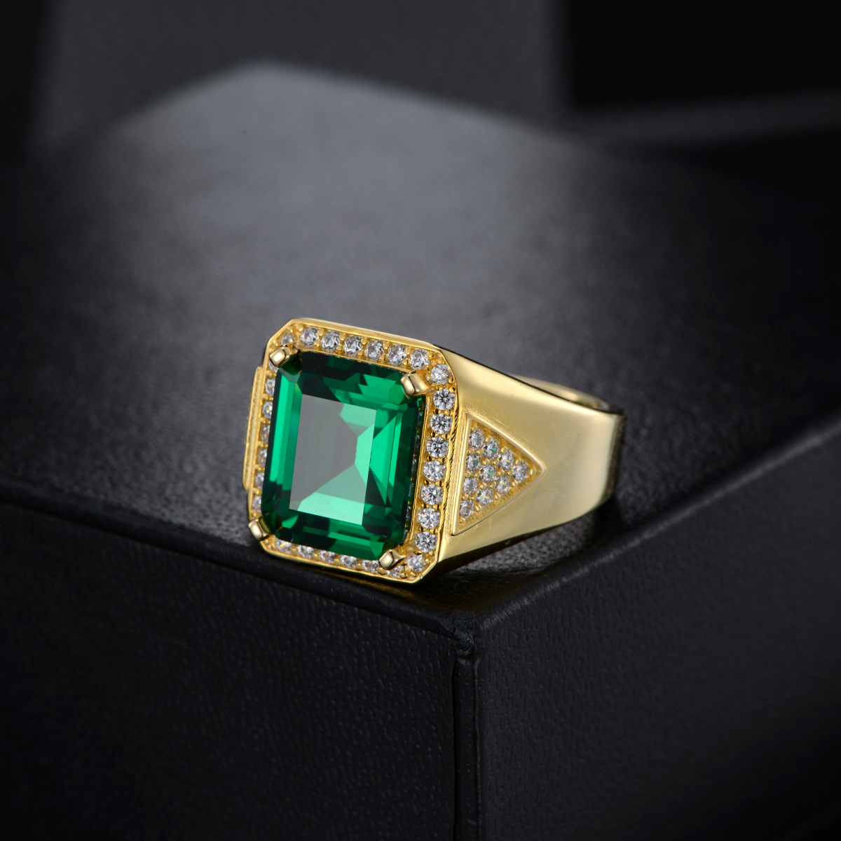 10K Gold Cubic Zircon Square Green Gemstone Ring For Unisex-5