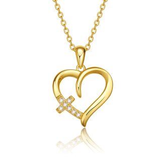 10K Gold Zircon Cross & Heart Pendant Necklace-24