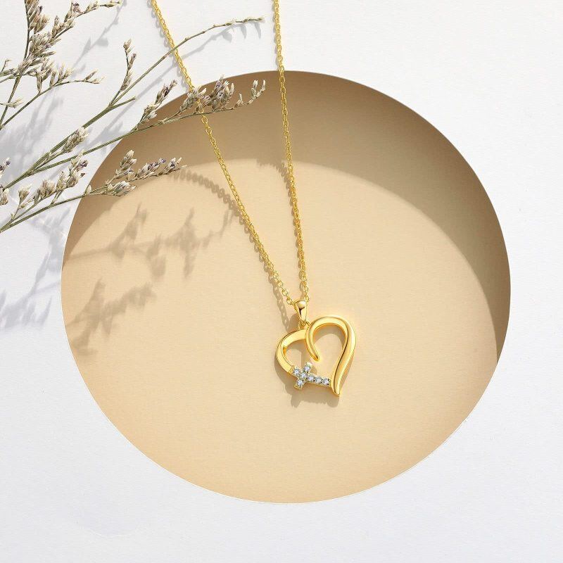 10K Gold Zircon Cross & Heart Pendant Necklace-4