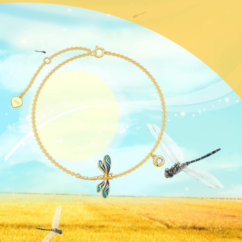 Złota bransoletka na kostkę z cyrkonią i ważką, wykonana z 14-karatowego złota-4