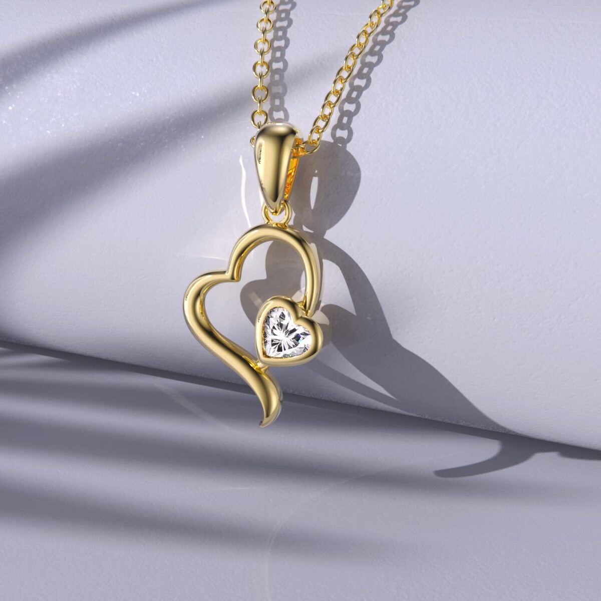 10K Gold Zircon Heart Pendant Necklace-4