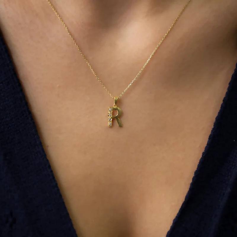 10K Gold Zircon Letter Pendant Necklace-3