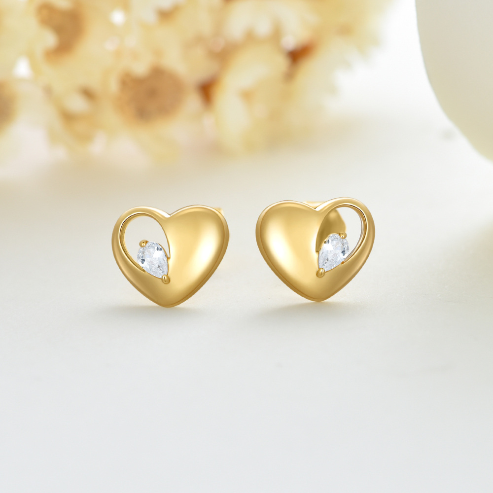 10K Gold Cubic Zirconia Heart Stud Earrings-3