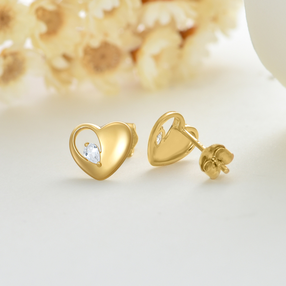 10K Gold Cubic Zirconia Heart Stud Earrings-4