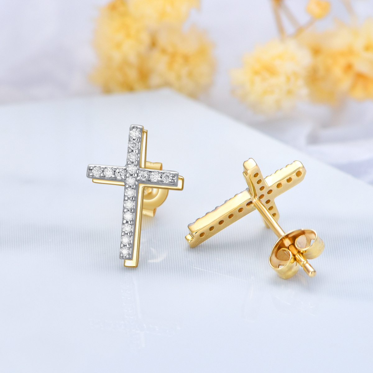 18K Gold Moissanite Cross Stud Earrings-3