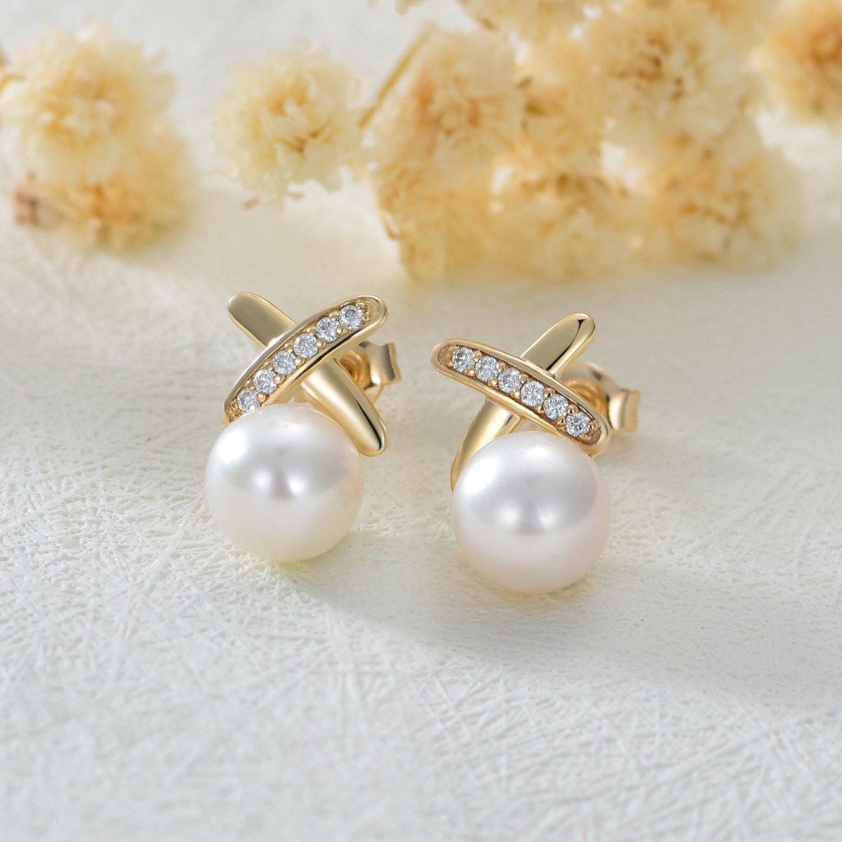 18K Gold Pearl Bow Stud Earrings-3