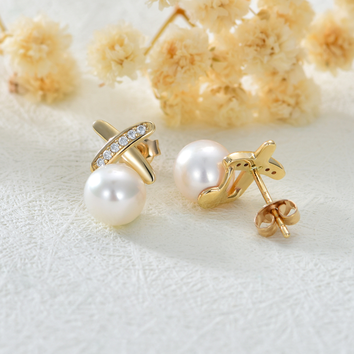 14K Gold Pearl Bow Stud Earrings-4