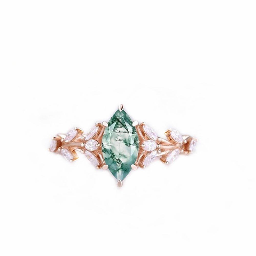 Anillo de Compromiso Floral de Ágata Musgosa de Corte Marquesa de 1CT en Oro Rosa de 14K-1