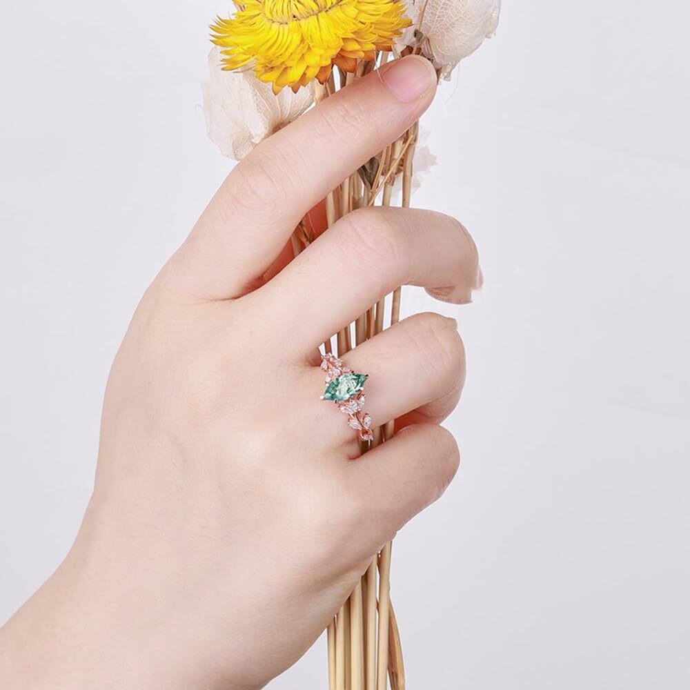 Anillo de Compromiso Floral de Ágata Musgosa de Corte Marquesa de 1CT en Oro Rosa de 14K-2