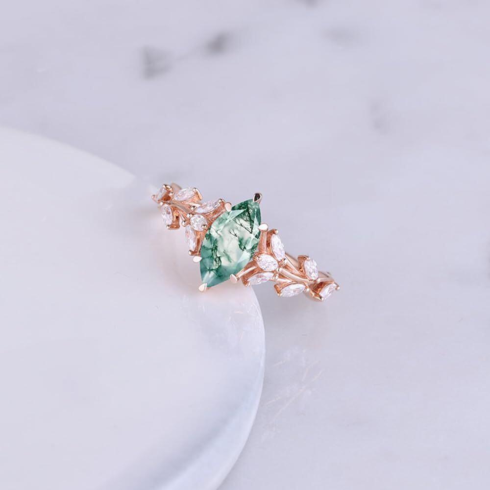 10K Rose Gold 1CT Marquise Cut Moss Agate Cluster Floral Engagement Ring-3