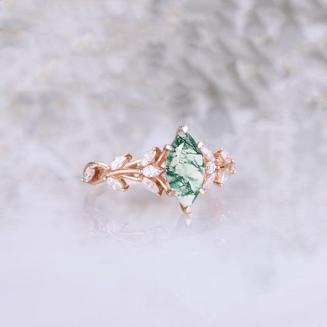 10K Rose Gold 1CT Marquise Cut Moss Agate Cluster Floral Engagement Ring-4