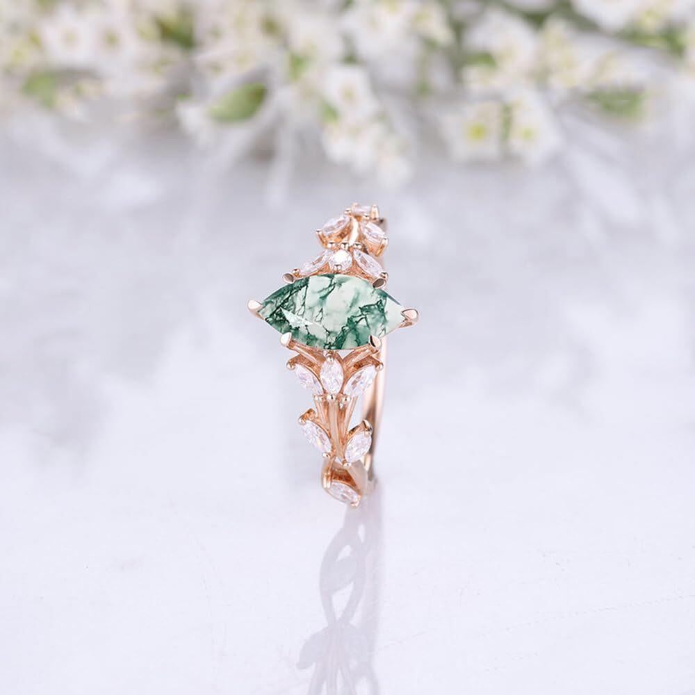 10K Rose Gold 1CT Marquise Cut Moss Agate Cluster Floral Engagement Ring-5