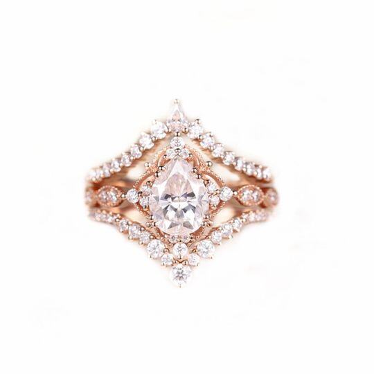 10K Rose Gold 1CT Pear Shaped Moissanite Crown Engagement Ring Set-1