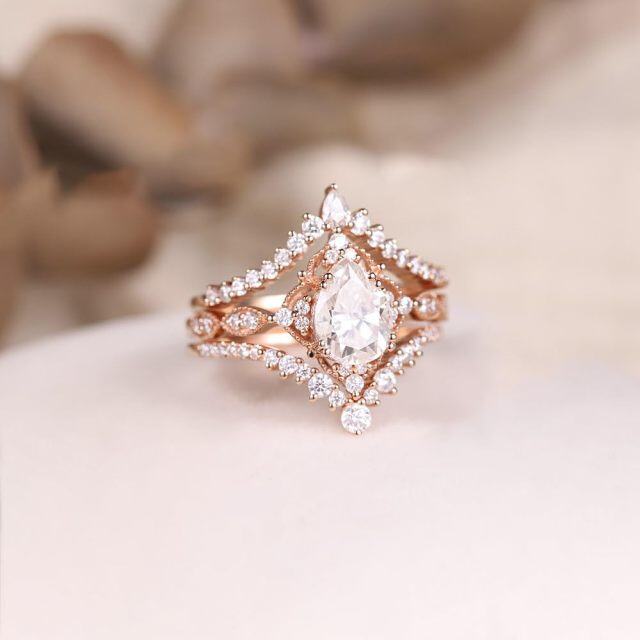 10K Rose Gold 1CT Pear Shaped Moissanite Crown Engagement Ring Set-3